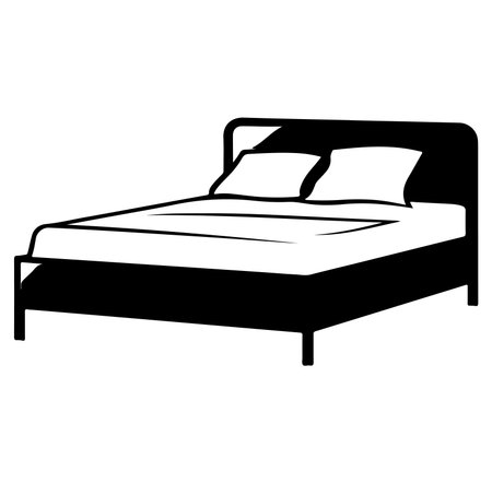 A simple black and white illustration of a bed with pillows, representing comfort and minimalism, perfect for modern home decor and sleep themes.のイラスト素材