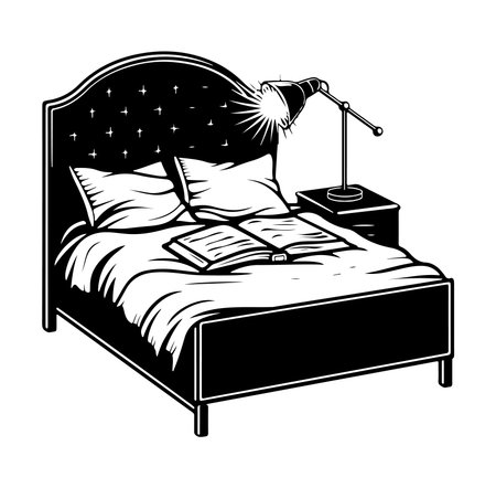 A cozy bed featuring an open book and a reading lamp, perfect for creating a relaxed atmosphere. The illustration captures comfort and tranquility in a bedroom setting.のイラスト素材