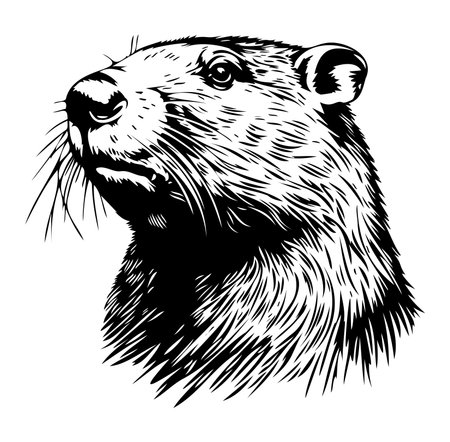 This striking black and white illustration features the detailed head of a marmot, showcasing its expressive eyes and textured fur, perfect for nature themes.のイラスト素材