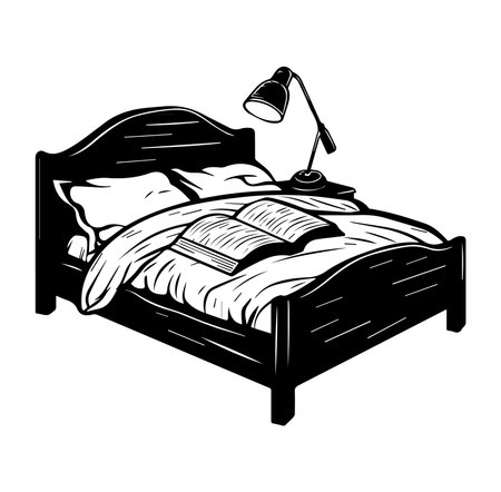 Illustration of a cozy bed with an open book and a reading lamp. This minimalist design captures a serene atmosphere, perfect for relaxation and leisure activities.のイラスト素材