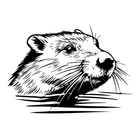 This black and white illustration captures an otter emerging from the water, highlighting its features and playful character. Perfect for wildlife and nature themes.のイラスト素材