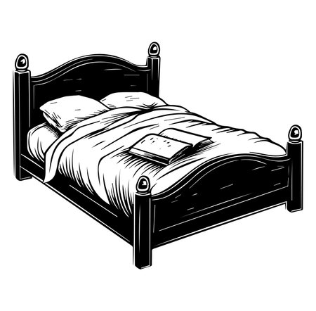 A beautifully illustrated black wooden bed featuring soft pillows and an open book, perfect for evoking feelings of comfort and relaxation in any interior space.のイラスト素材