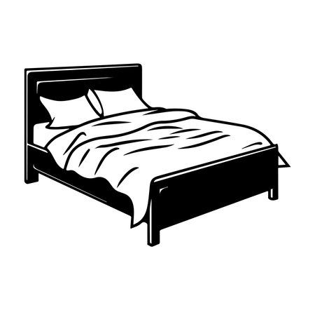 A minimalist black and white illustration of a cozy bed featuring soft sheets and pillows, representing comfort and relaxation in a stylish bedroom setting.のイラスト素材