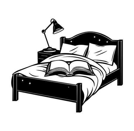 A cozy bedroom scene featuring a neatly made bed with an open book, soft pillows, and a reading lamp on a bedside table, perfect for relaxation.のイラスト素材