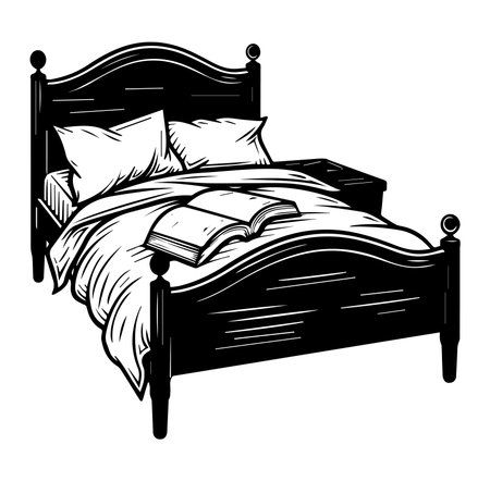 A charming illustration of a cozy bed featuring soft pillows and an open book. Ideal for themes of relaxation, comfort, and home decor in visual projects.のイラスト素材