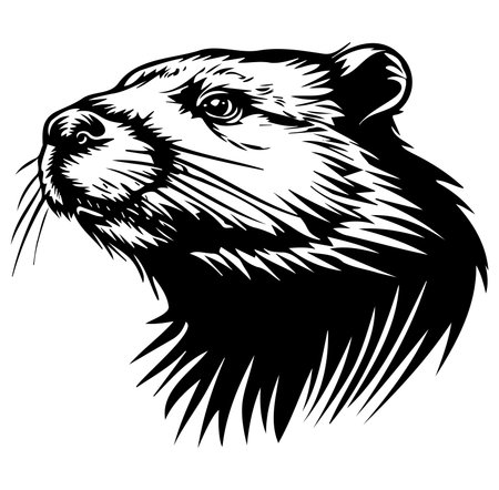 This striking black and white illustration captures the essence of an otter's head, showcasing intricate details and expressive features. Perfect for wildlife enthusiasts.のイラスト素材