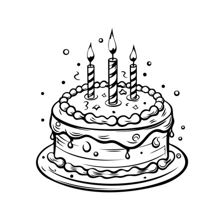A detailed black and white illustration of a three-tier birthday cake with candles. Perfect for celebrating moments of joy and happiness at any festive occasion.のイラスト素材