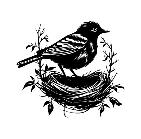Artistic illustration of a bird perched on a nest surrounded by greenery. Captures the essence of nature, symbolizing peace and serenity in wildlife.のイラスト素材