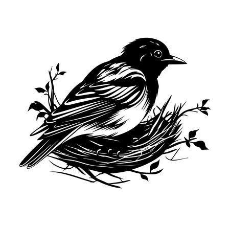 This black and white illustration features a detailed depiction of a bird sitting gracefully on its nest surrounded by delicate foliage, showcasing the beauty of nature.のイラスト素材