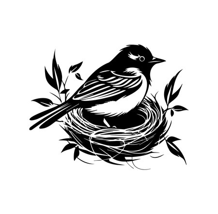This elegant illustration features a bird nesting peacefully among leaves, captured in a minimalist black and white design, perfect for nature-themed decor.のイラスト素材