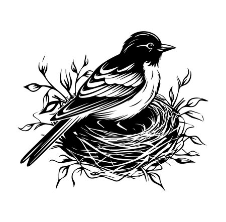 Detailed black and white illustration of a bird perched on its nest, surrounded by foliage. Perfect for nature lovers and art enthusiasts, this design captures the essence of wildlife and tranquility.のイラスト素材