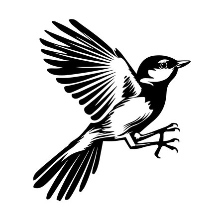 A stunning black and white illustration features a bird in flight, showcasing its elegant wings and detailed features. Perfect for nature-themed art projects.のイラスト素材