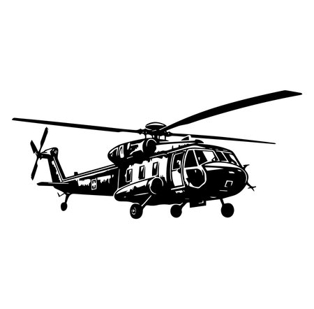 This striking black and white silhouette illustrates a military helicopter, capturing its powerful design and dynamic shape, ideal for aviation-related projects.のイラスト素材