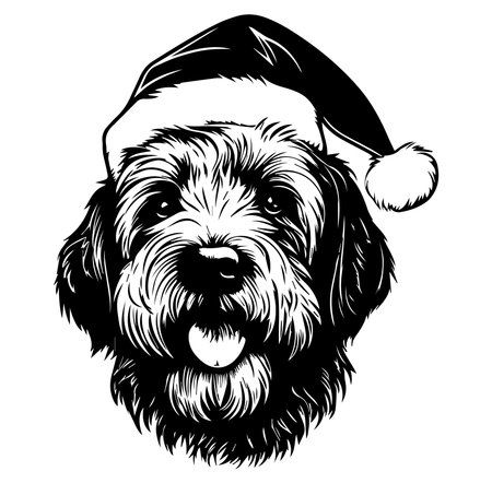 Cute illustration of a happy dog wearing a festive Santa hat, perfect for holiday celebrations. This whimsical design captures joy and cheer for the season.のイラスト素材