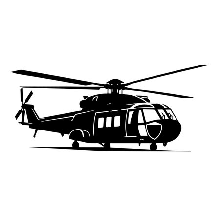 A striking black silhouette of a helicopter showcasing detail in the rotor and body design. Perfect for aviation themes, transport graphics, and military visuals.のイラスト素材