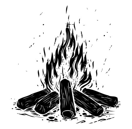 A striking illustration of a rustic campfire featuring burning logs and vibrant flames. The artwork captures the essence of outdoor gatherings and warmth in nature. Perfect for themes of adventure and relaxation.のイラスト素材