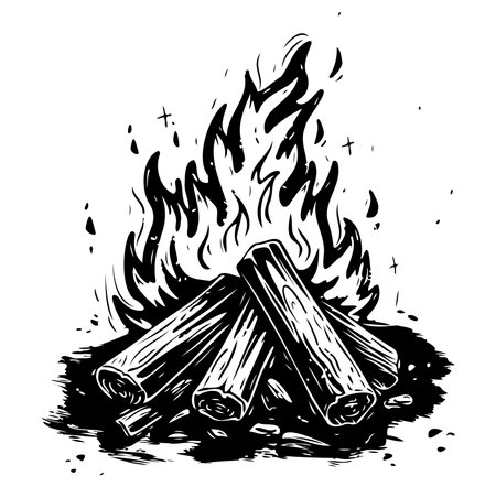 A black and white hand-drawn illustration depicting a campfire with flaming logs. This artwork captures the essence of warmth and outdoor gatherings, ideal for travel and adventure themes.のイラスト素材