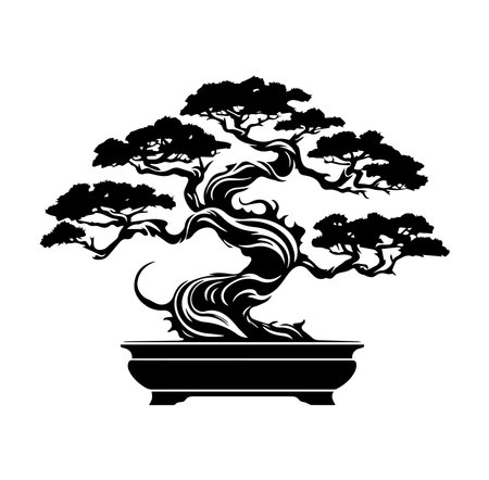 Stunning black silhouette of a bonsai tree showcasing intricate details and elegant curves. Perfect for nature lovers and minimalist decor.のイラスト素材