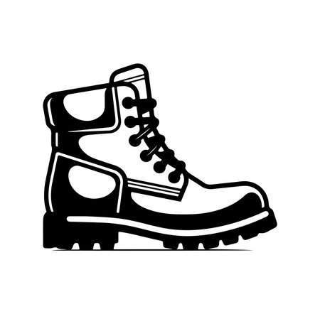 A stylish black and white illustration of a rugged work boot, showcasing its durable design and versatile appeal for footwear enthusiasts and outdoor adventurers.のイラスト素材