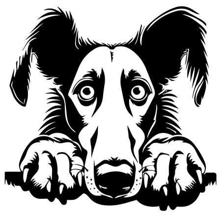 This black and white illustration captures a dog's sad expression with its paws resting on a surface. The sketch emphasizes the dog's emotion and charm.のイラスト素材