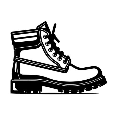A detailed black and white illustration of a heavy-duty work boot, showcasing its rugged design, durable materials, and reliable features for outdoor adventures.のイラスト素材