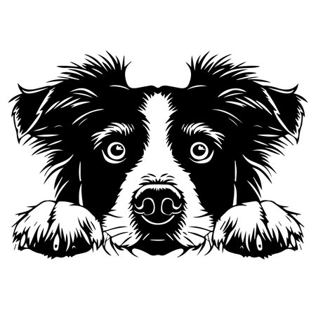 Adorable black and white illustration of a dog's face featuring big expressive eyes. Perfect for pet lovers and fun home decor. Ideal for various creative projects.のイラスト素材