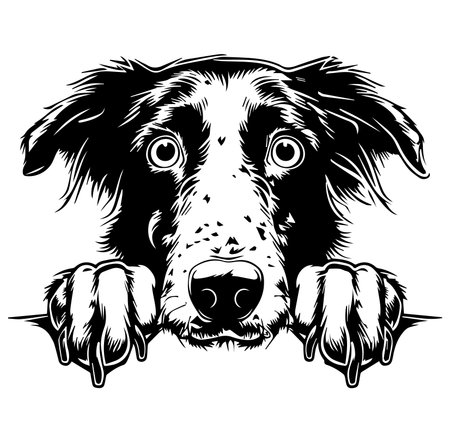 This black and white illustration features a curious dog peeking over a fence, showcasing its expressive eyes and charming personality in a playful design.のイラスト素材