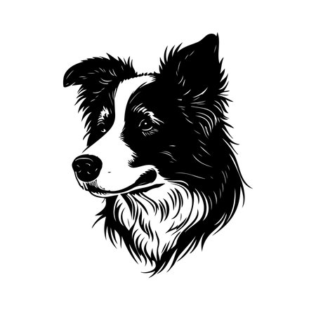 Artistic black and white illustration of a border collie dog head, showcasing detailed fur and expressive features, ideal for animal lovers and decor.のイラスト素材