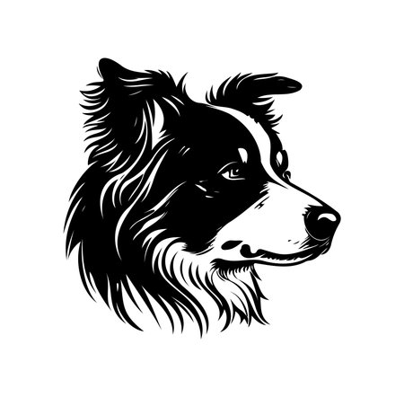 An artistic illustration featuring a detailed black and white profile of a dog's head, showcasing its expressive features and fur texture, ideal for various creative projects.のイラスト素材