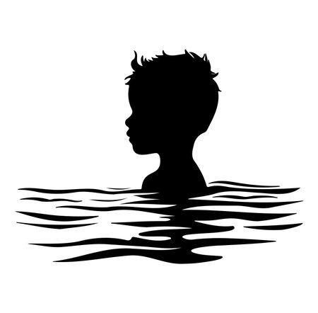 This silhouette captures a child's profile in water, surrounded by gentle waves. The artwork evokes a sense of serenity and innocence, emphasizing the beauty of childhood exploration.のイラスト素材