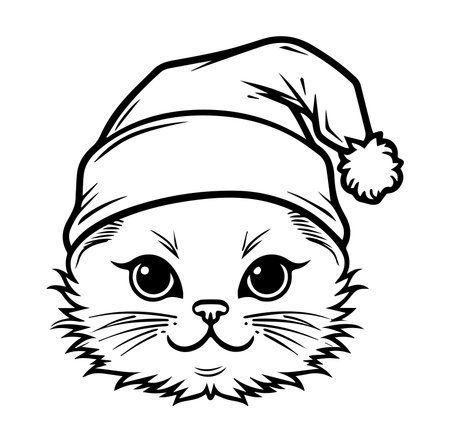 This adorable illustration features a cute feline face wearing a Santa hat, perfect for holiday themes and festive decorations. Great for various projects!のイラスト素材