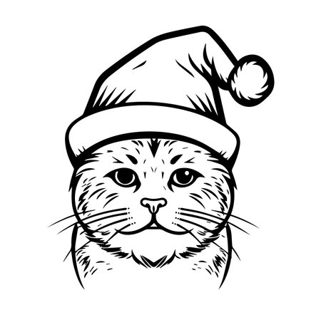A charming illustration of a cat wearing a Santa hat, perfect for holiday-themed designs and festive projects. This playful artwork captures the essence of Christmas joy.のイラスト素材