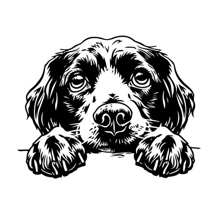 This charming illustration features a cute dog's face looking over an edge, showcasing expressive eyes and paws. Perfect for art lovers and dog enthusiasts.のイラスト素材