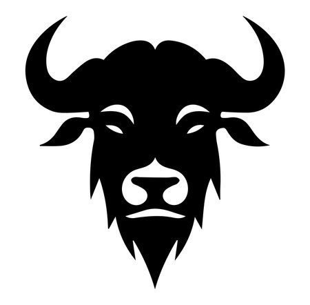 This striking black bull head icon features bold stylized horns and a fierce expression, symbolizing strength and power in a modern design format.のイラスト素材