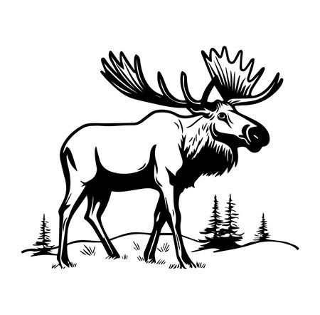 A stunning black and white illustration of a majestic moose standing in a serene wilderness setting, surrounded by pine trees, perfect for wildlife-themed projects.のイラスト素材