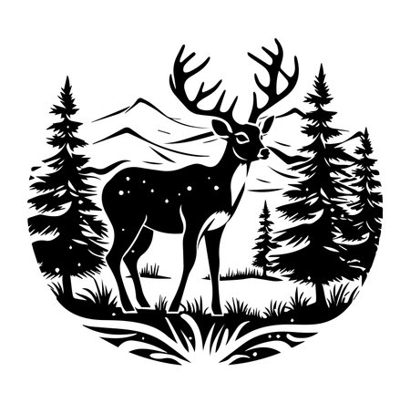A striking black and white silhouette of a stag stands majestically in a forest setting, surrounded by tall trees and mountains, capturing the beauty of nature.のイラスト素材