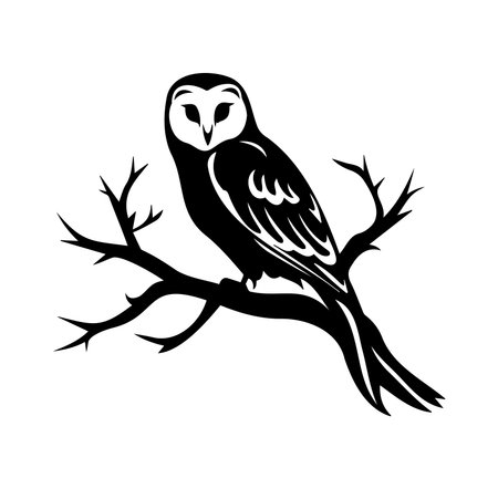 A striking black and white silhouette of an owl perched gracefully on a branch, capturing the essence of nature and wildlife in a minimalist design.のイラスト素材