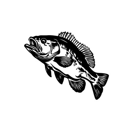 This artistic black and white illustration showcases a detailed fish, capturing its dynamic motion....