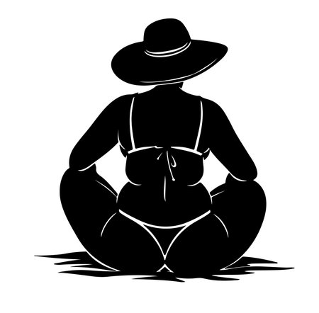 This striking silhouette features a woman in a hat, sitting peacefully on the beach. Perfect for themes of relaxation, summer, and outdoor leisure activities.のイラスト素材