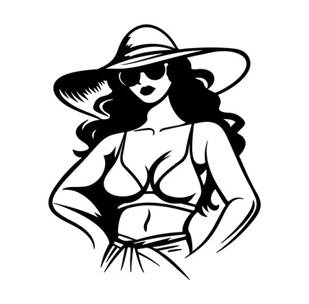 This elegant silhouette of a confident woman in a sun hat and sunglasses exudes summer vibes and effortless style, perfect for beach-themed projects or promotions.のイラスト素材