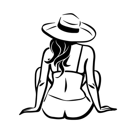 A minimalist illustration of a woman in a sun hat relaxing by the beach. This artwork embodies tranquility and leisurely beauty, perfect for summer themes.のイラスト素材