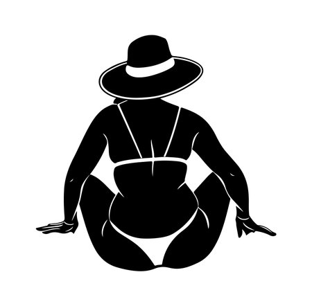 A striking silhouette of a woman in a sunhat sitting at the beach. This image captures relaxation and tranquility, embodying the essence of summer leisure. Perfect for wellness themes.のイラスト素材