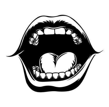 This striking black and white illustration features an open mouth showcasing a heart shape inside. It symbolizes love and emotion through expressive design, perfect for creative projects.のイラスト素材
