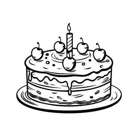 A charming hand-drawn illustration of a birthday cake topped with cherries and a single candle, perfect for celebrations, parties, and sweet moments.のイラスト素材