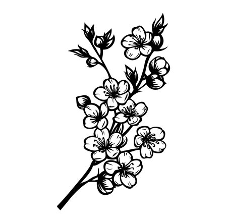 A beautiful black and white illustration of a floral branch featuring delicate blossoms, perfect for artistic projects and decorative uses.のイラスト素材