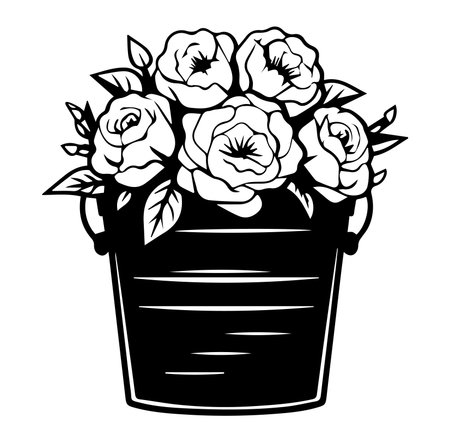 This elegant black and white illustration features a bucket filled with beautiful roses, perfect for floral designs, home decor, and artistic projects.のイラスト素材