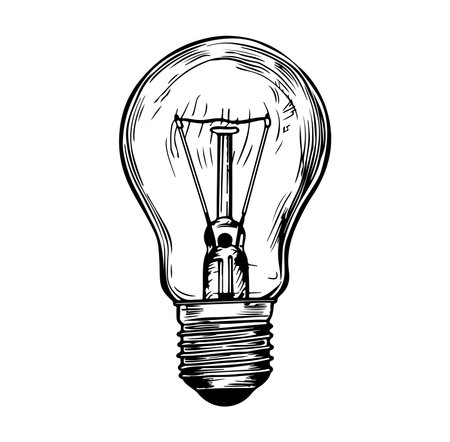 A vintage light bulb illustration in black and white showcases the intricate design and details, perfect for creative projects, decor, and artistic expression.のイラスト素材