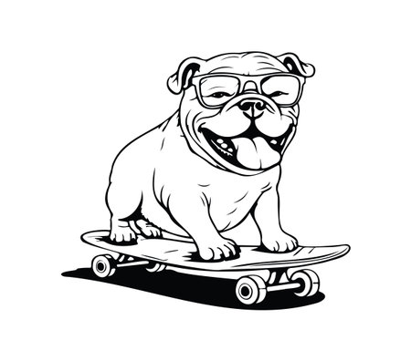 A cheerful cartoon bulldog wearing glasses skates on a board, capturing a playful and fun-loving spirit. Perfect for animal lovers and skate enthusiasts.のイラスト素材