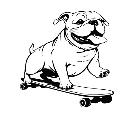 This whimsical black and white illustration features a playful dog skateboarding with a joyful expression. Perfect for highlighting fun and adventurous moments with pets!のイラスト素材