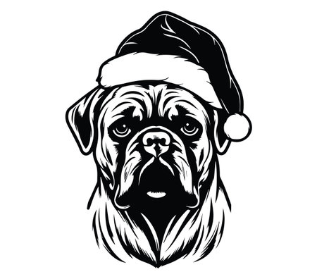 A cheerful dog portrait wearing a Santa hat, perfect for holiday celebrations. This black and white illustration captures the joyful spirit of the season.のイラスト素材
